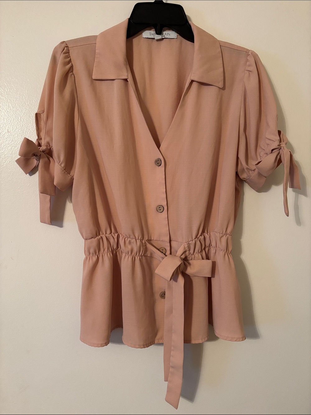 Sweet Rain Blush Tie-Waist Button Front Blouse